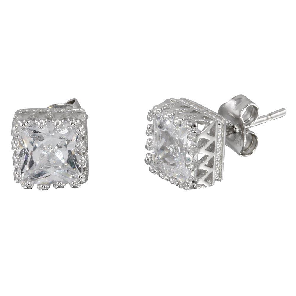 Rhodium Plated 925 Sterling Silver Square Solitaire CZ Earrings - STE01088