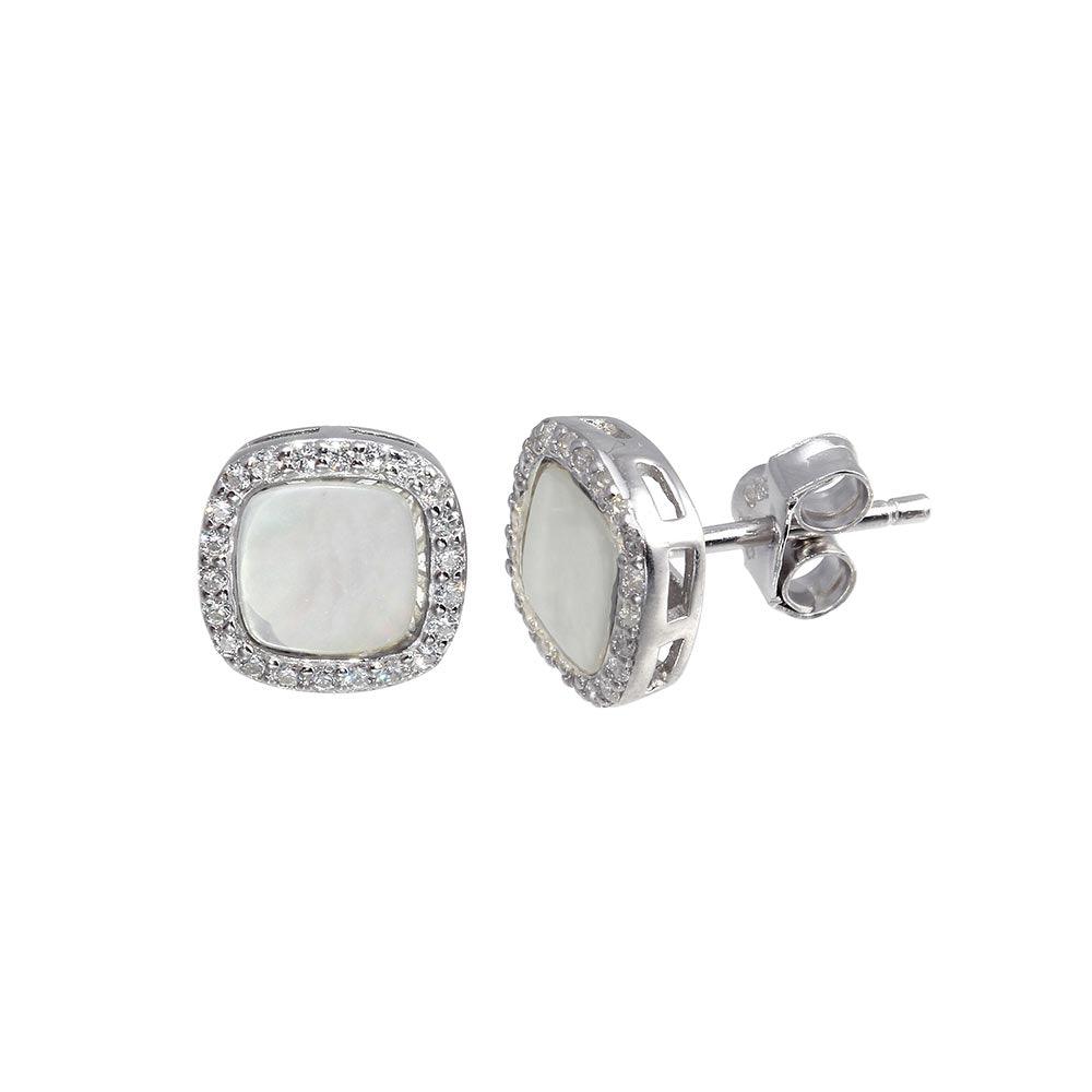 Rhodium Plated 925 Sterling Silver Square Opal Stud Earring with CZ - STE01117CLR