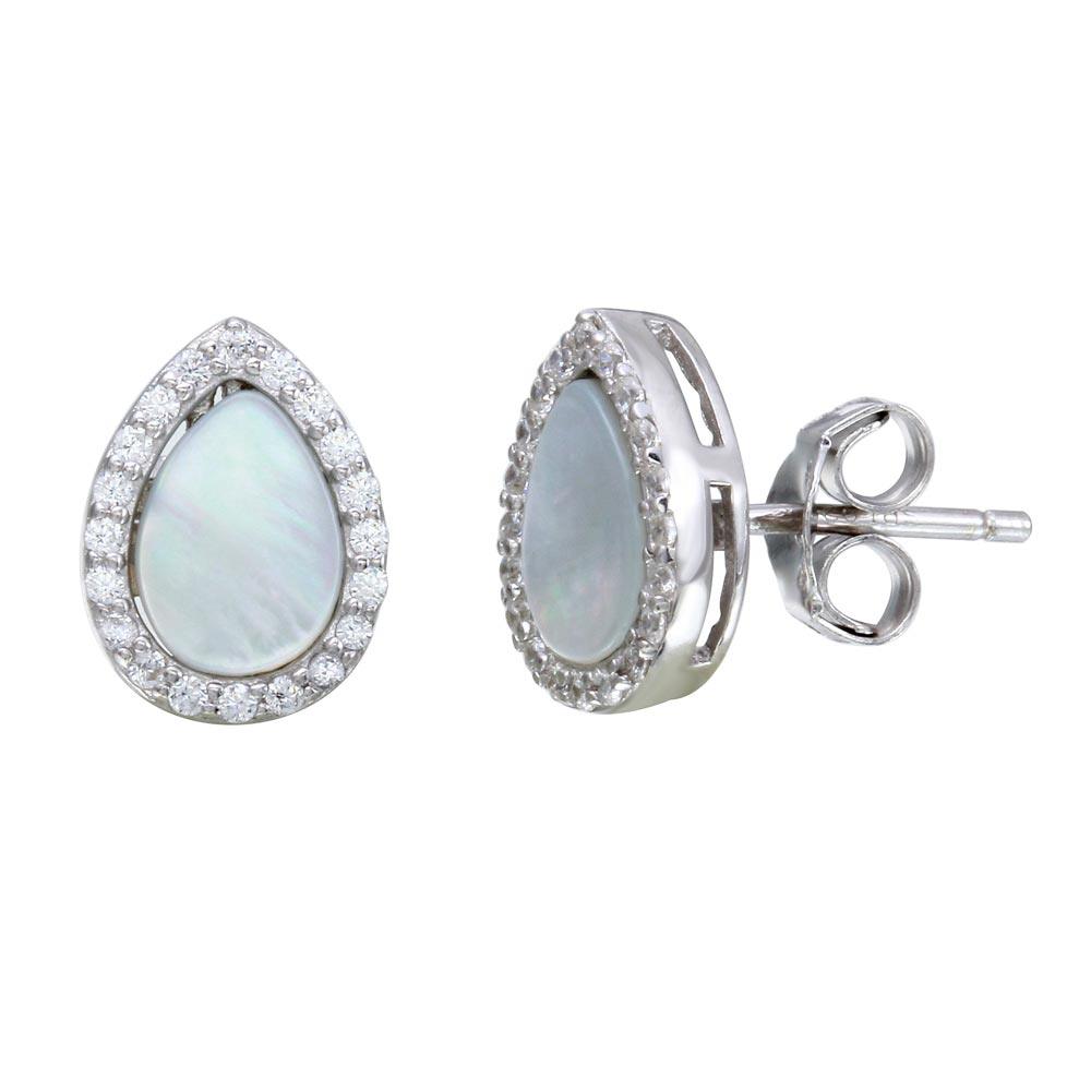 Rhodium Plated 925 Sterling Silver Teardrop Shaped Opal Stud Earrings with Clear CZ Stones - STE01118CLR