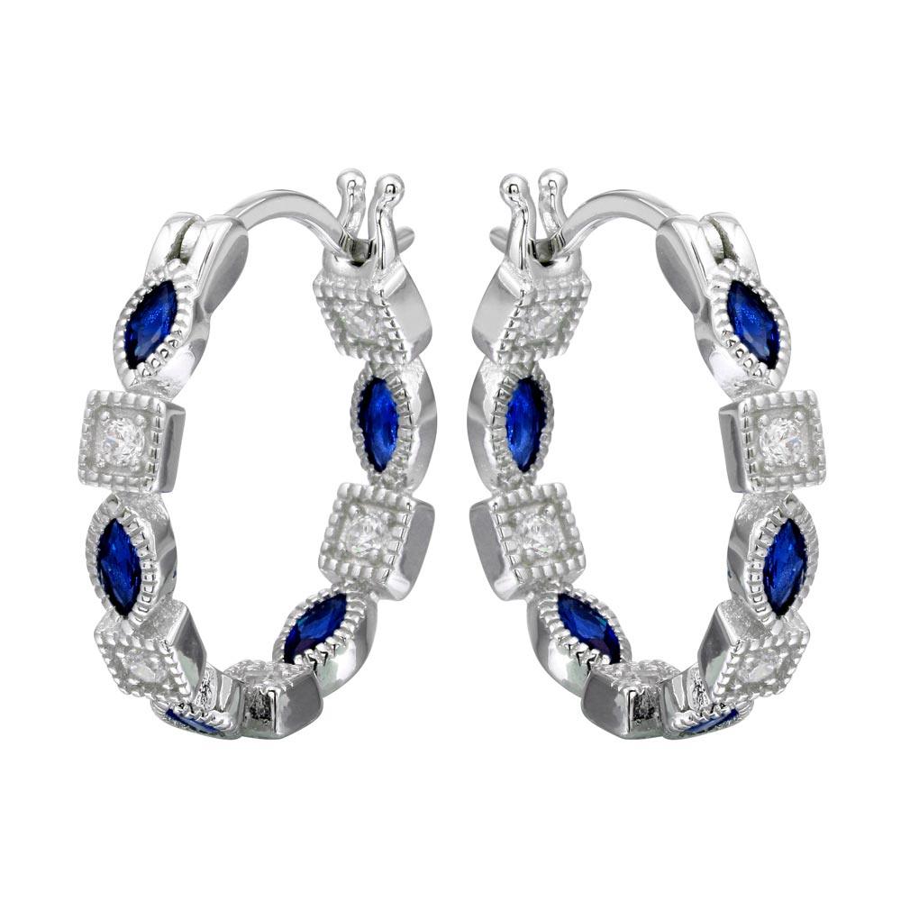 Rhodium Plated 925 Sterling Silver Inner and Outer Blue Clear CZ Hoop Earrings - STE01122BLU