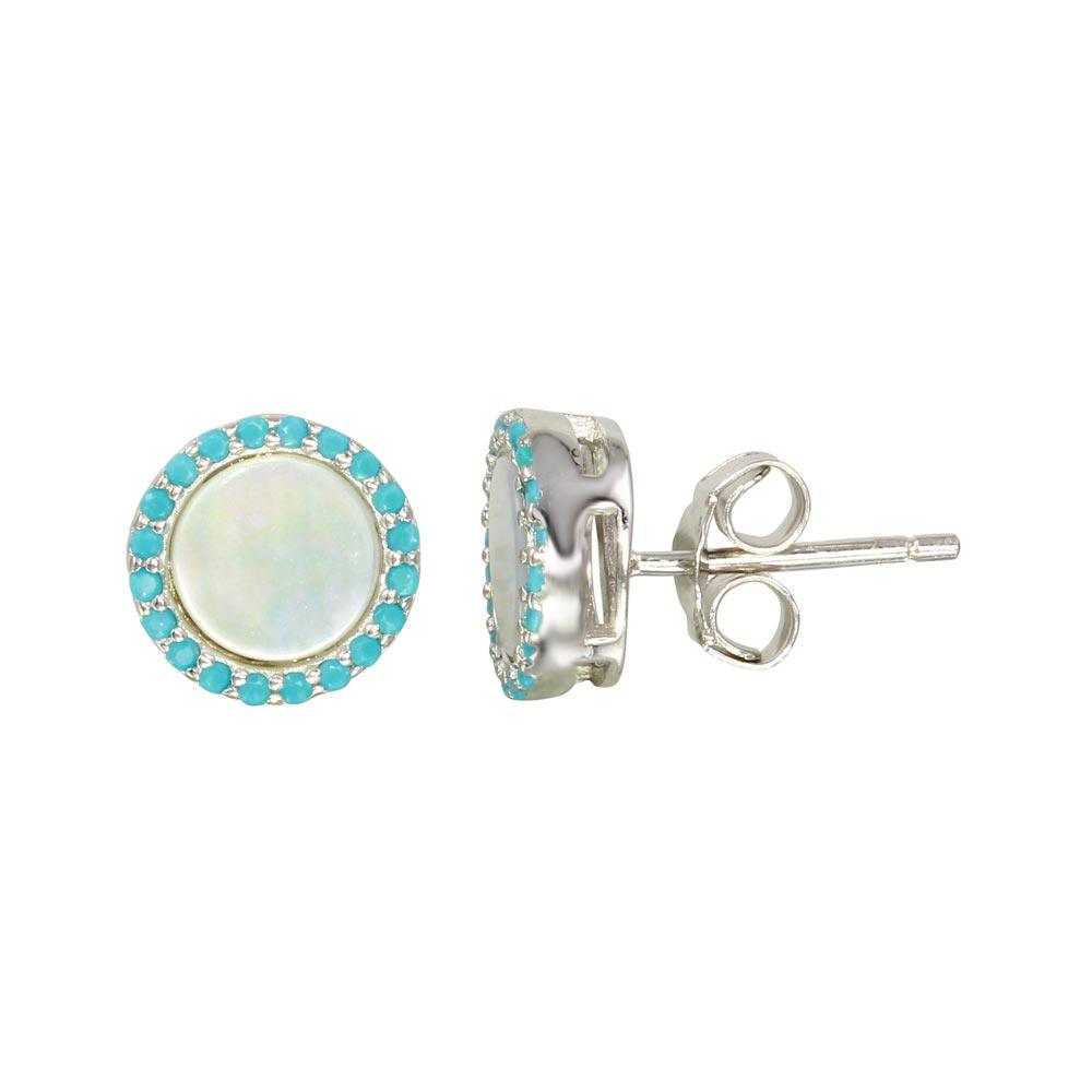 Rhodium Plated 925 Sterling Silver Round Opal Stud Earrings with Blue CZ Stones - STE01125BLU