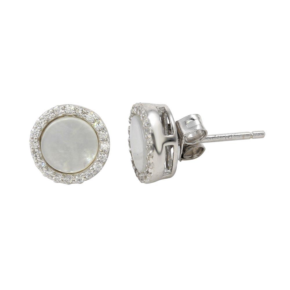 Rhodium Plated 925 Sterling Silver Round Opal Stud Earrings with Clear CZ Stones - STE01125CLR