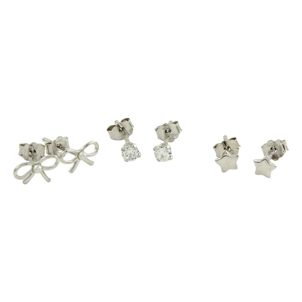 Rhodium Plated 925 Sterling Silver Ribbon, Star, and CZ Stud Earring Set - STE01130