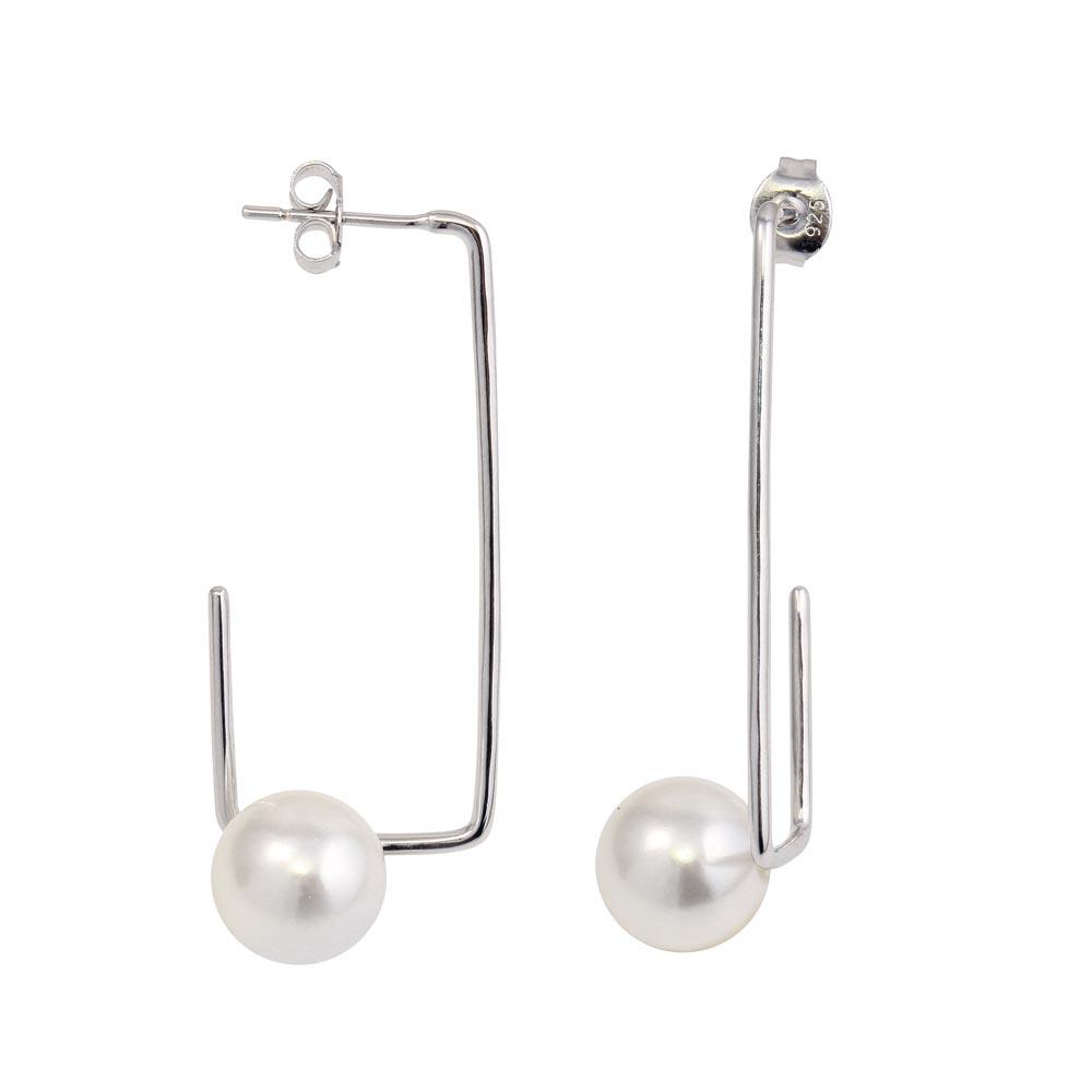 Rhodium Plated 925 Sterling Silver Rectangular Dangling Earrings with Synthetic Pearl - STE01132