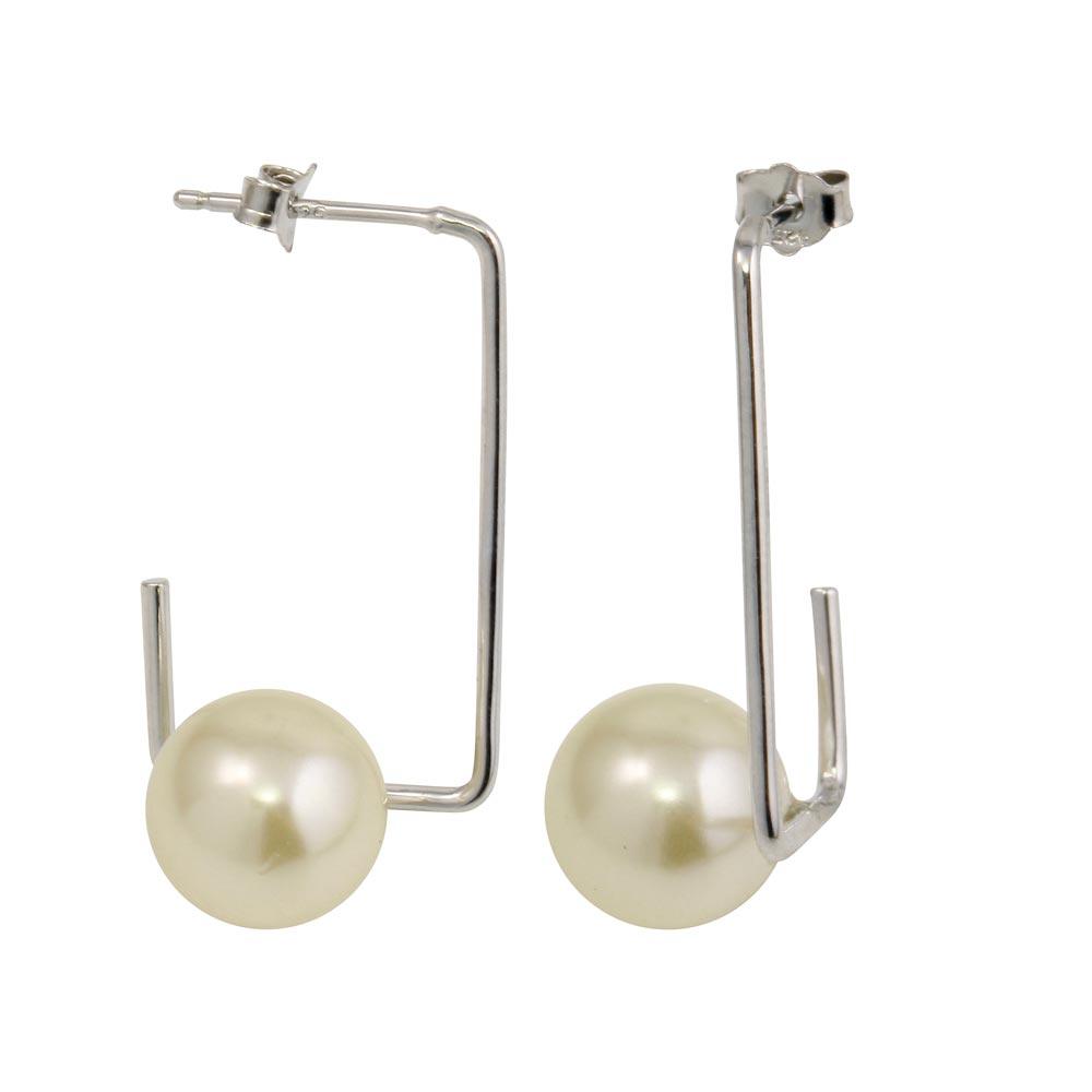 Rhodium Plated 925 Sterling Silver Rectangular Dangling Earrings with Pearl - STE01133