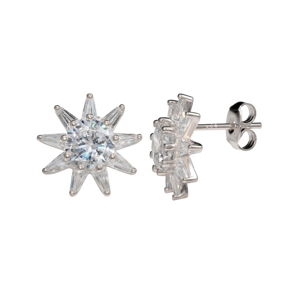 Rhodium Plated 925 Sterling Silver CZ Sun Stud Earrings - STE01149RH