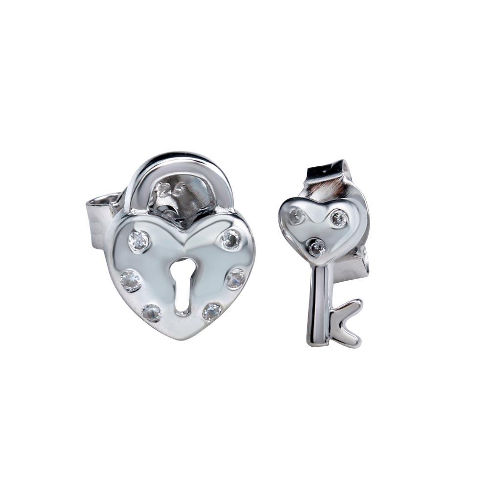 Rhodium Plated 925 Sterling Silver Heart Padlock Stud Earrings - STE01158RH