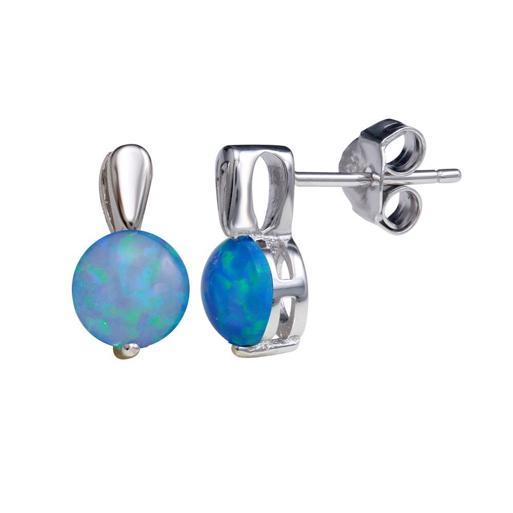 Rhodium Plated 925 Sterling Silver Synthetic Blue Opal Stud Earrings - STE01160BLUE