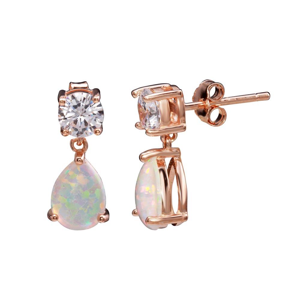 Rose Gold Plated 925 Sterling Silver Mini Dangling Teardrop Earrings with CZ and Synthetic Opal - STE01164RGP