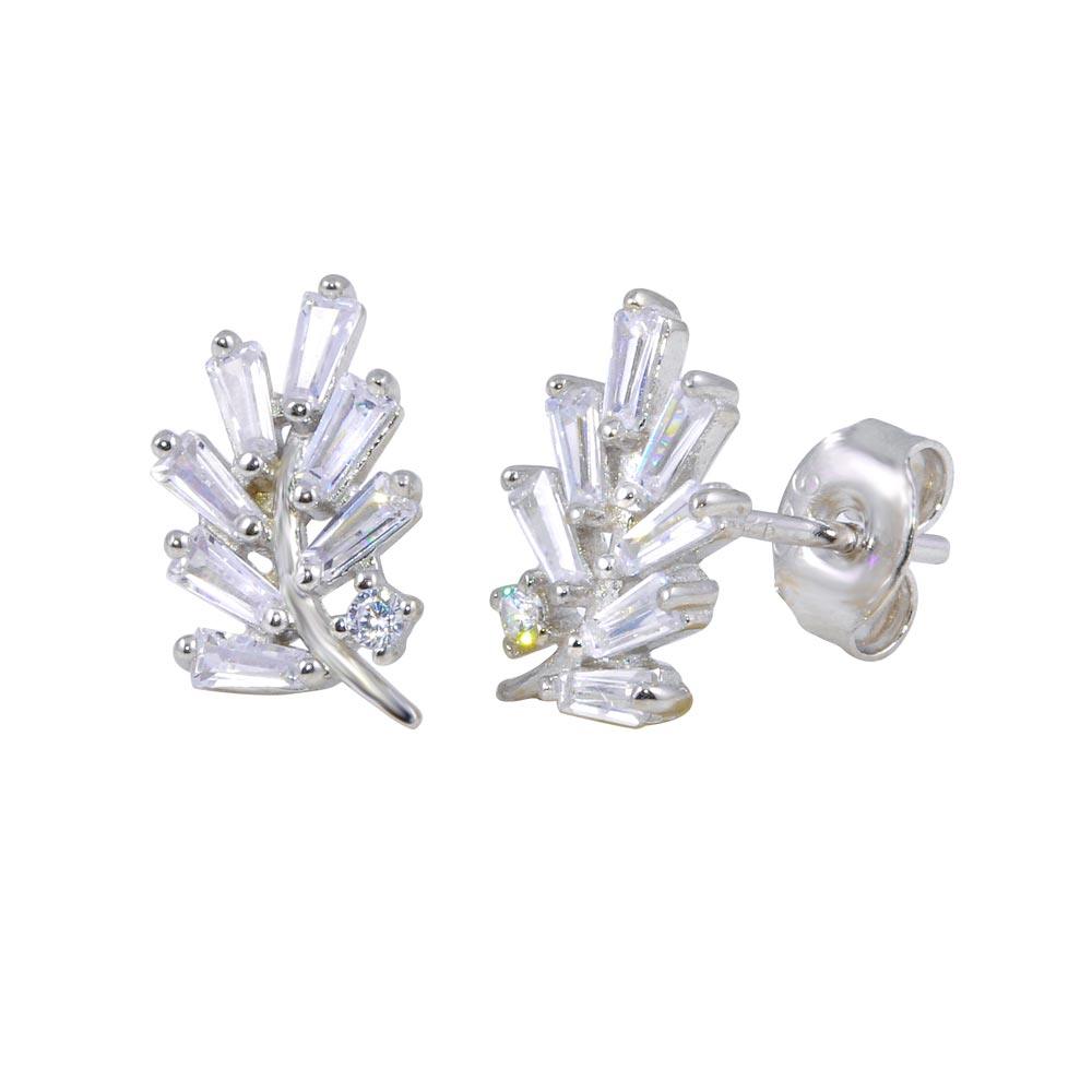 Rhodium Plated 925 Sterling Silver Leaf Baguette CZ Earrings - STE01191