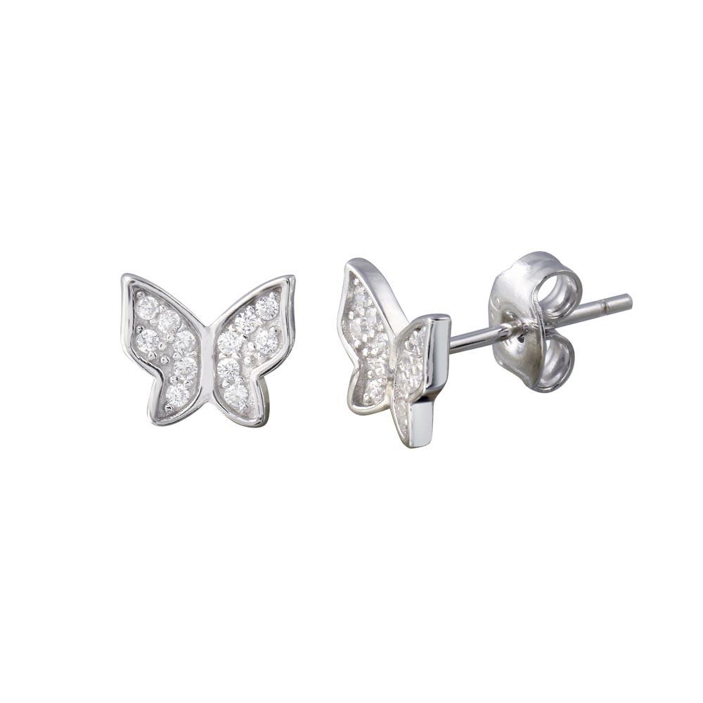 Rhodium Plated 925 Sterling Silver Butterfly CZ Stud Earrings - STE01198