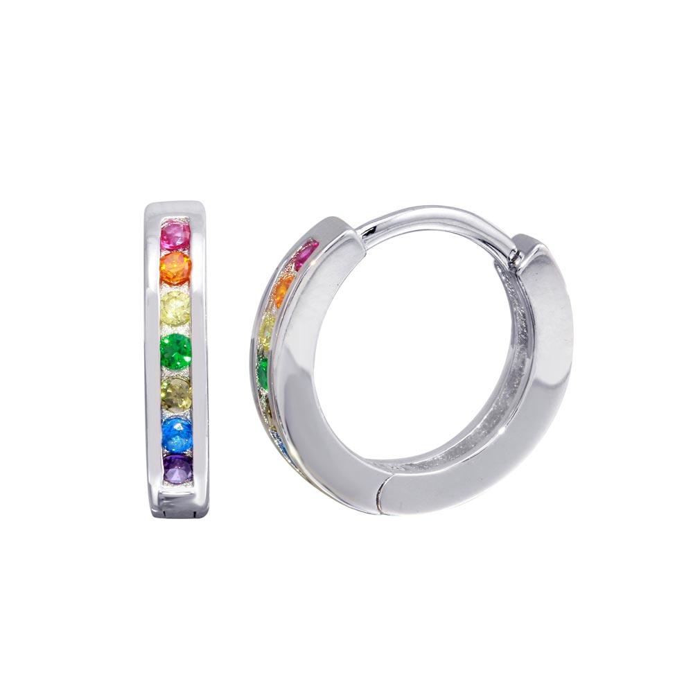 Rhodium Plated 925 Sterling Silver Rainbow Multi CZ huggie hoop Earrings 13.1mm - STE01209