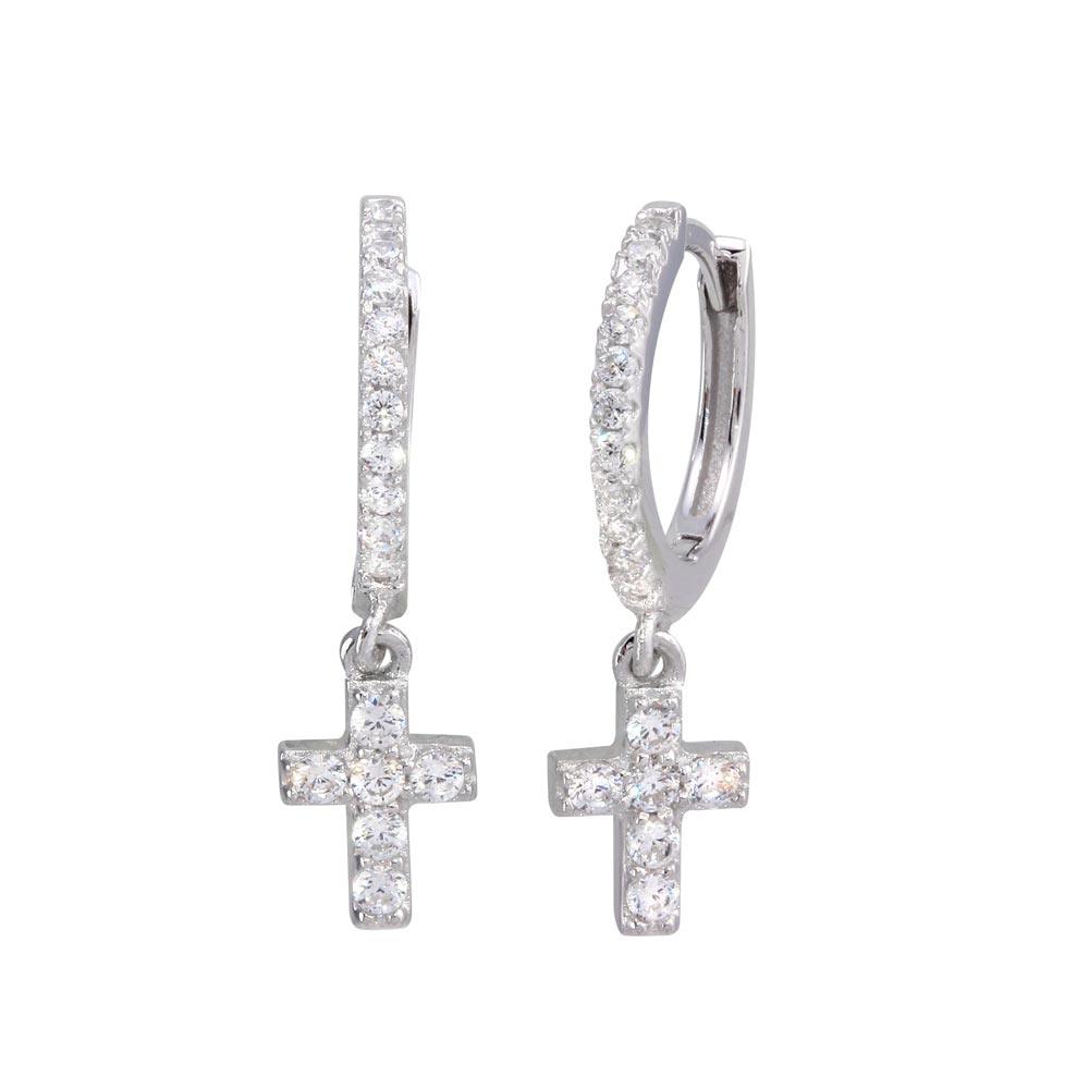 Rhodium Plated 925 Sterling Silver Dangling Cross CZ huggie hoop Earrings - STE01211