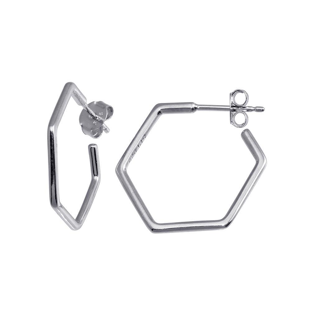 Rhodium Plated 925 Sterling Silver Large Hexagon Semi Hoop Earring - STE01229