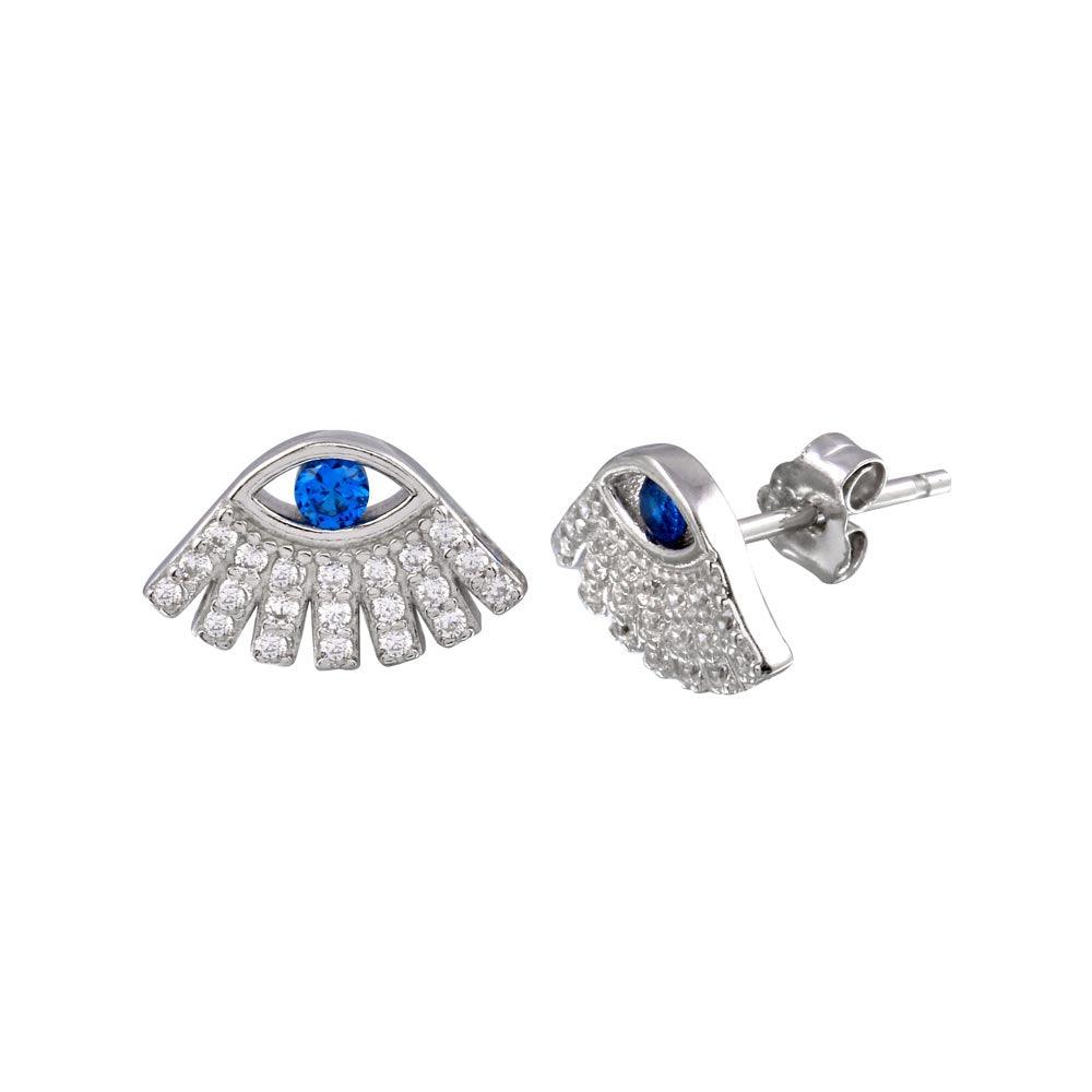 Rhodium Plated 925 Sterling Silver Blue and Clear CZ Evil Eye Stud Earring - STE01235