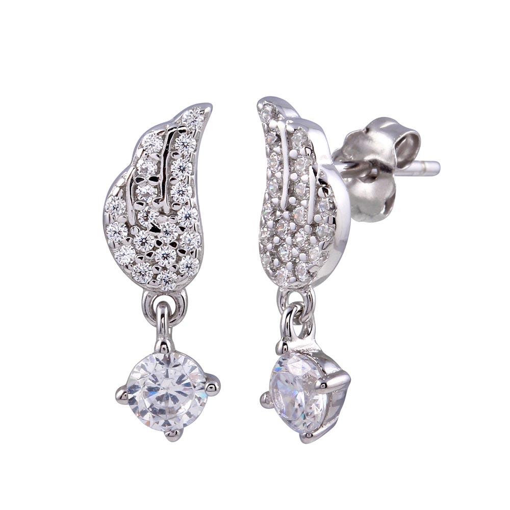 Rhodium Plated 925 Sterling Silver Wing Dangling CZ Stud Earring - STE01249