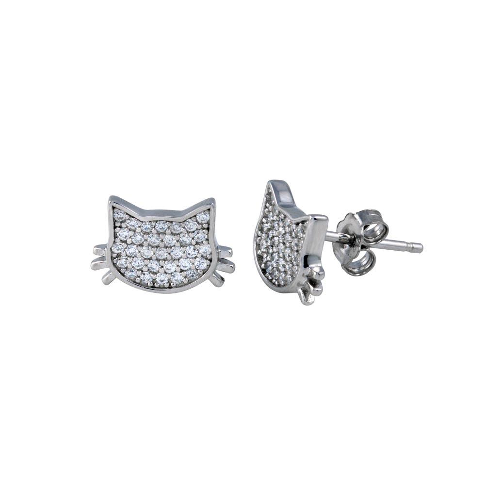 Rhodium Plated 925 Sterling Silver Cat Clear CZ Stud Earring - STE01265