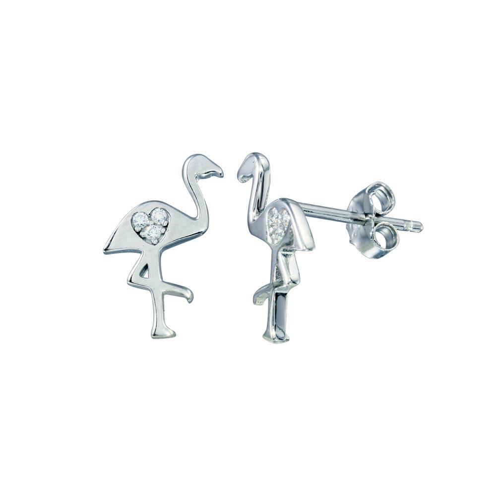 Rhodium Plated 925 Sterling Silver Heart CZ Flamingo Stud Earring - STE01270