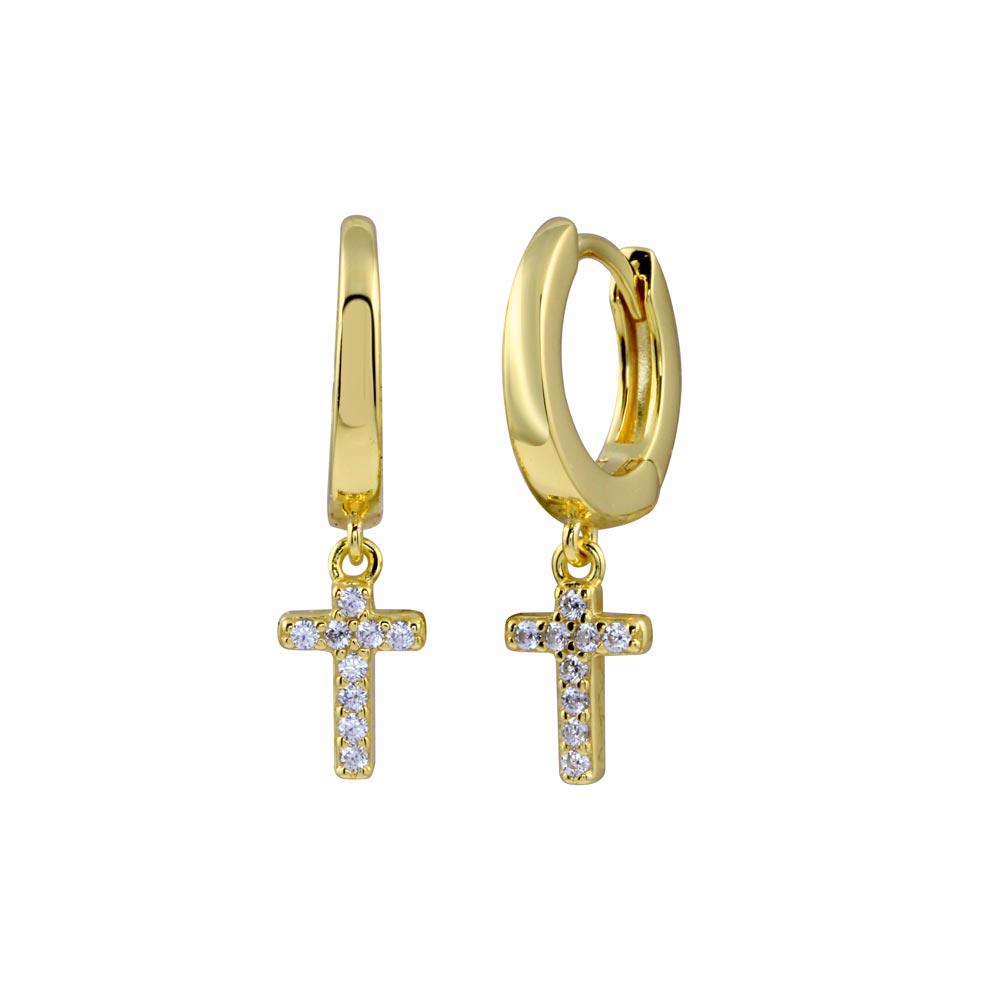 Gold Plated 925 Sterling Silver CZ huggie hoop Cross Earring - STE01279GP