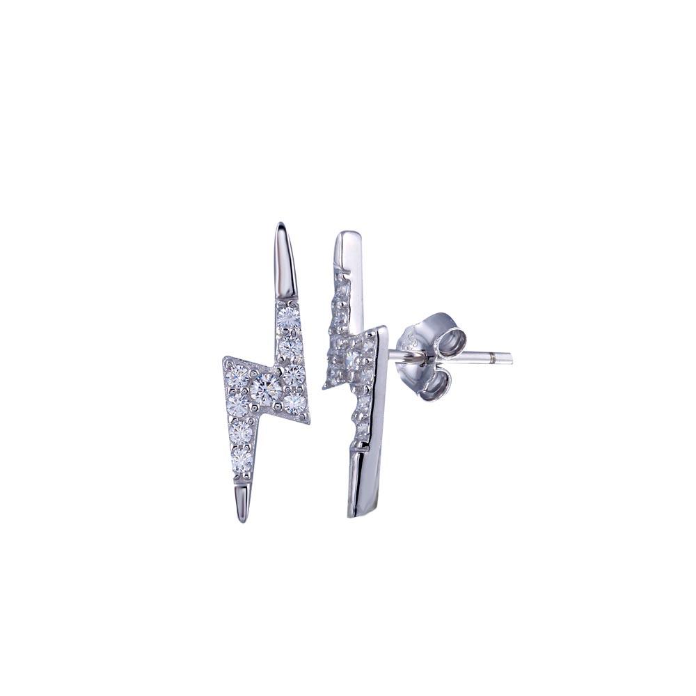 Rhodium Plated 925 Sterling Silver Baguette CZ Lightning Stud Earring - STE01280