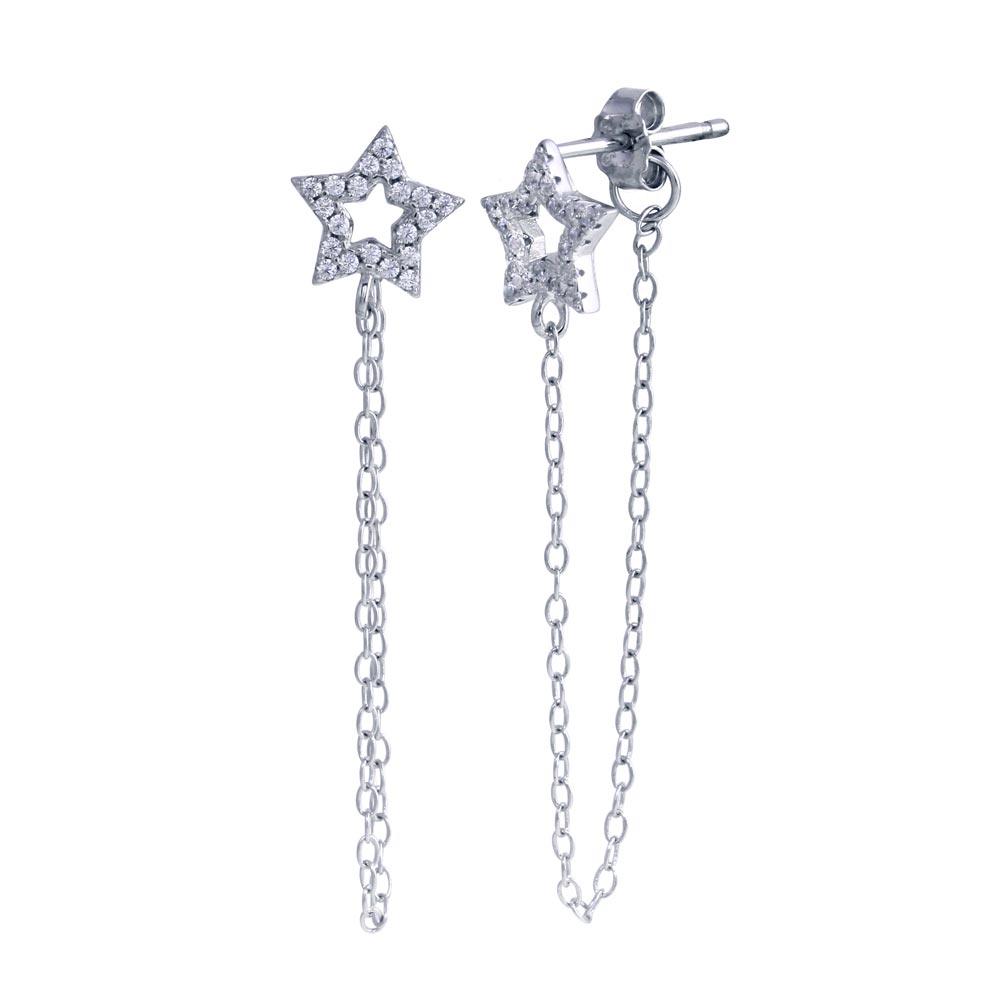 Rhodium Plated 925 Sterling Silver Star Chain CZ Stud Earring - STE01285