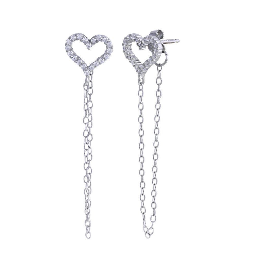 Rhodium Plated 925 Sterling Silver Heart Chain CZ Stud Earring - STE01286