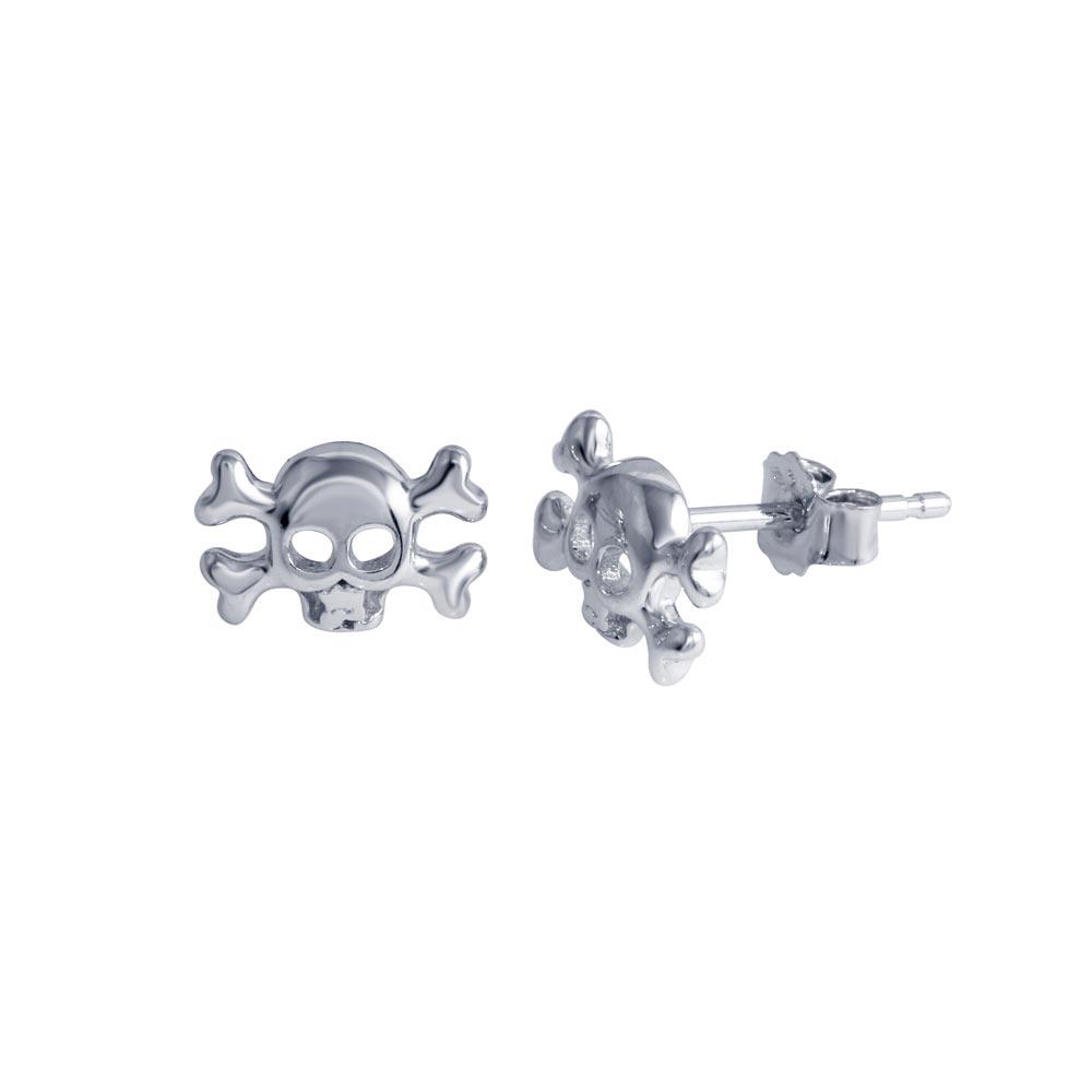 Rhodium Plated 925 Sterling Silver Skull Crossbones Stud Earring - STE01291