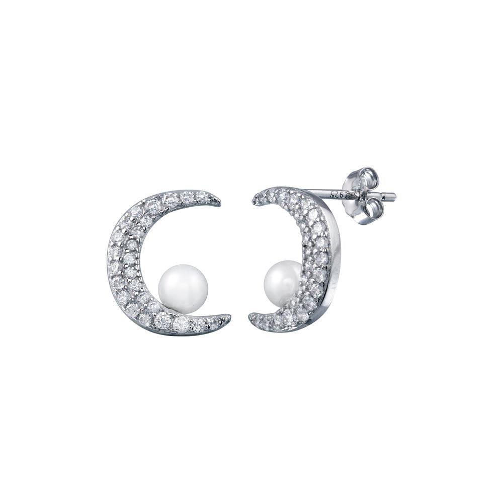 Rhodium Plated 925 Sterling Silver Crescent Moon Mother of Pearl and CZ Earring - STE01303