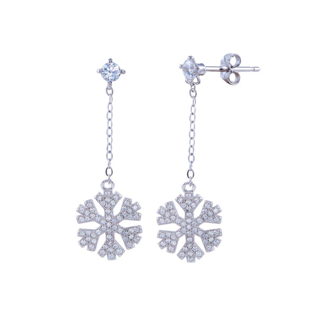 Rhodium Plated 925 Sterling Silver Dangling CZ Snow Flakes Earring - STE01310