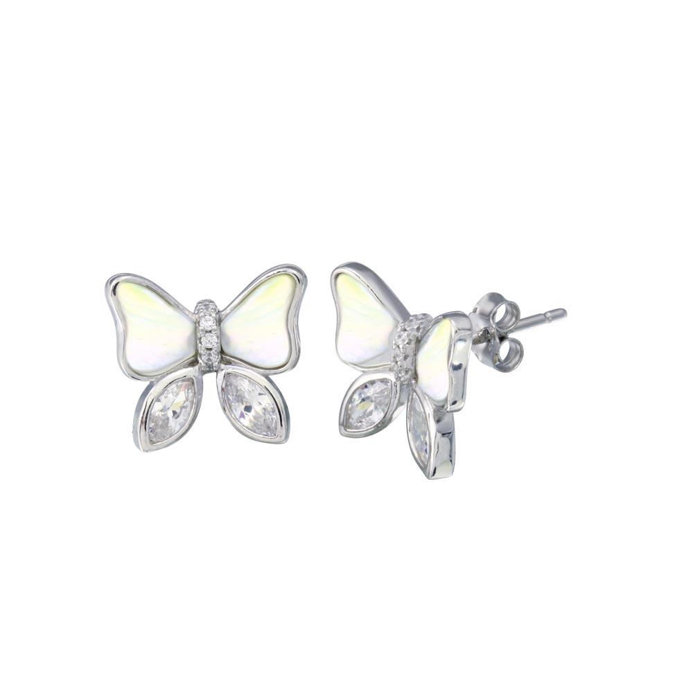 Rhodium Plated 925 Sterling Silver Simulated Pearl Clear CZ Butterfly Earring - STE01326