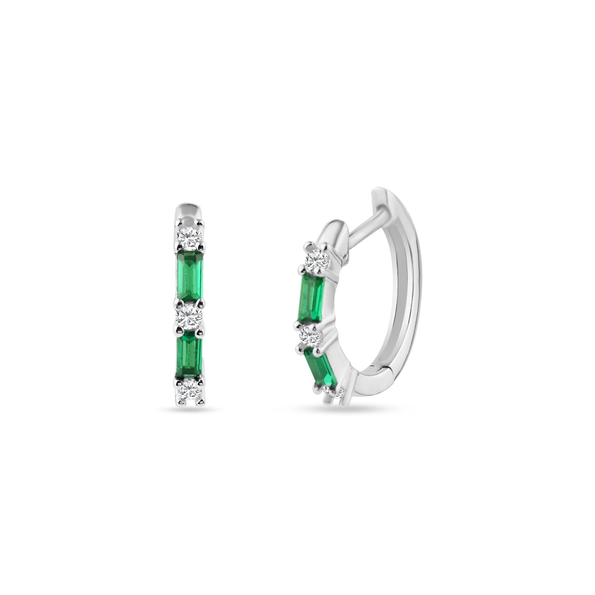 Sterling Silver Rhodium Plated Green CZ Huggie Hoop Earring 13.2mm - STE01331-GREEN