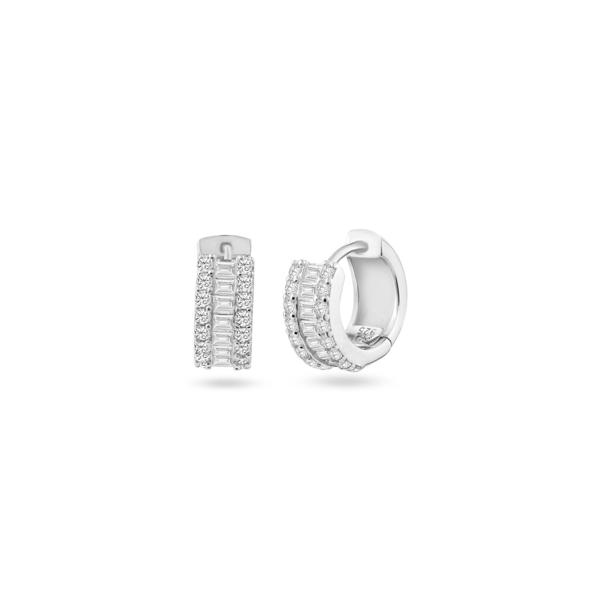 Rhodium Plated 925 Sterling Silver Pave Huggie Hoop Earring 13mm - STE01338