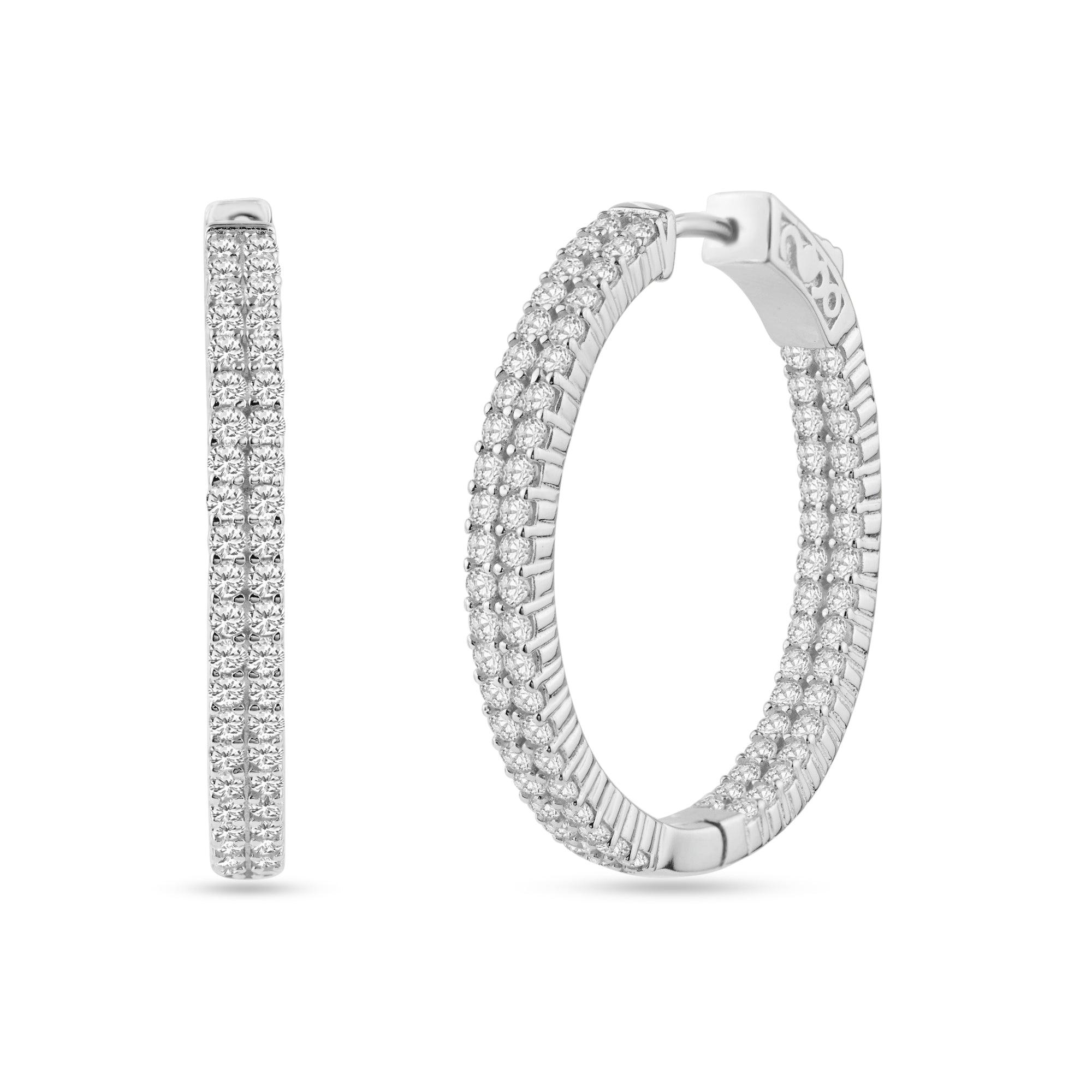 Rhodium Plated 925 Sterling Silver  Huggie 2 Row Clear CZ Earring 30mm - STE01344