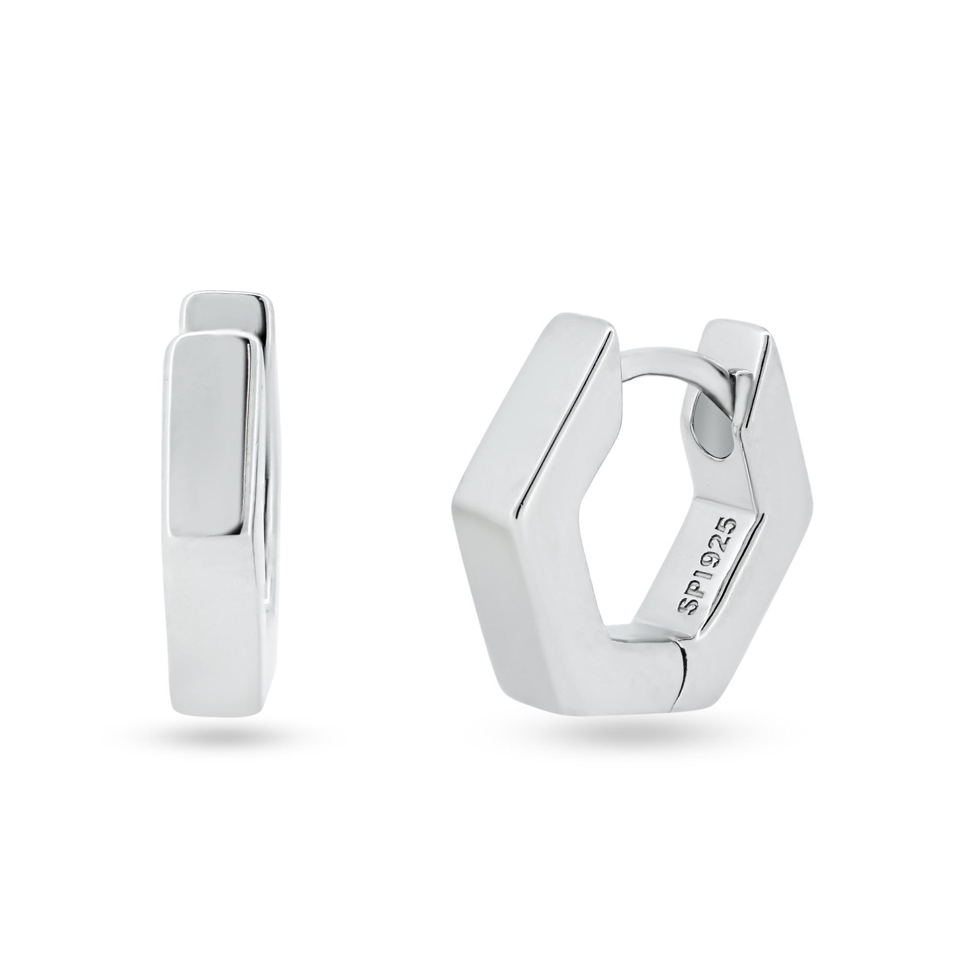 Sterling Silver Rhodium Plated Hexagon Huggie Hoop Earring 11.7mm - STE01358RH