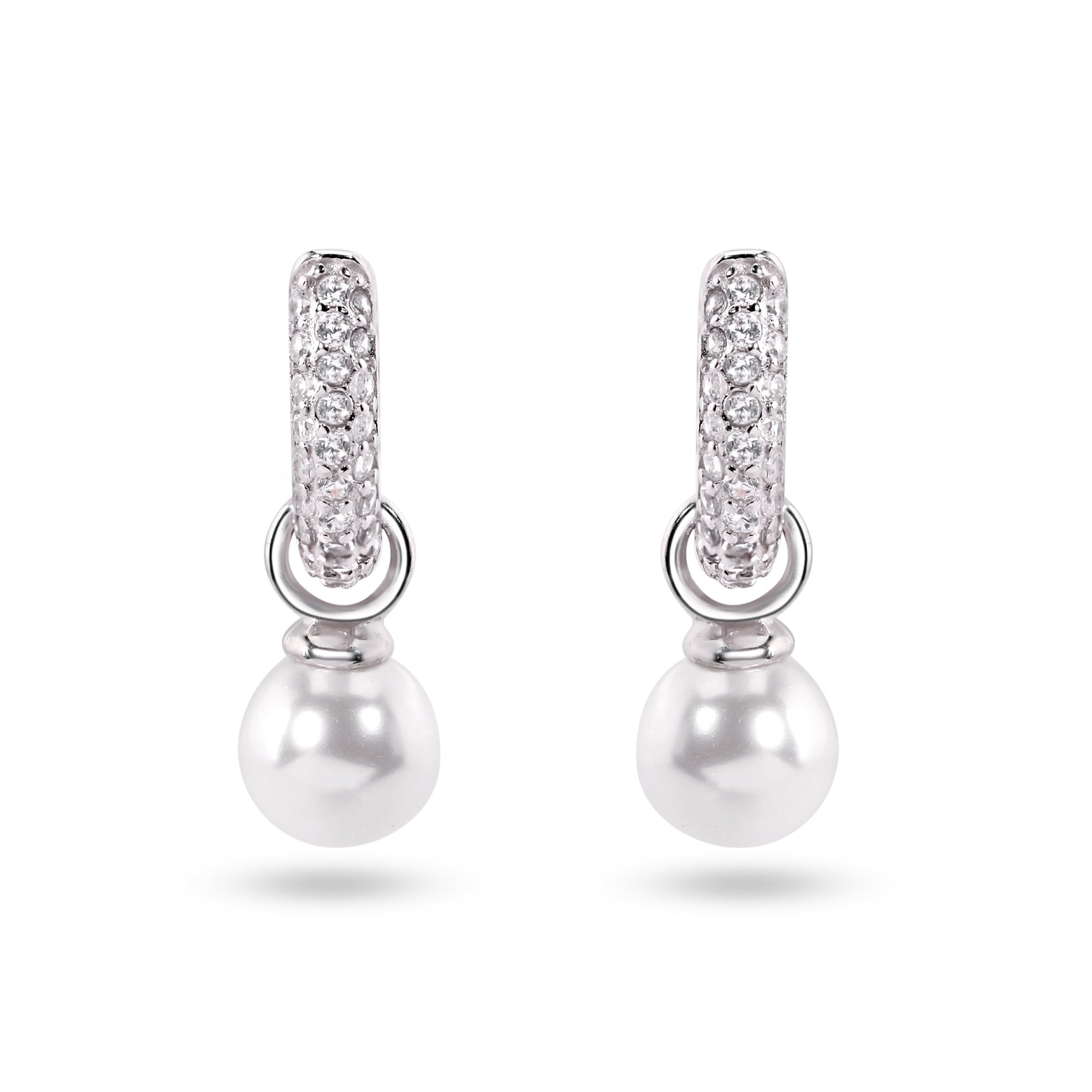 Sterling Silver Rhodium Plated Dangling Pearl Clear CZ Hoop Earrings - STE01373