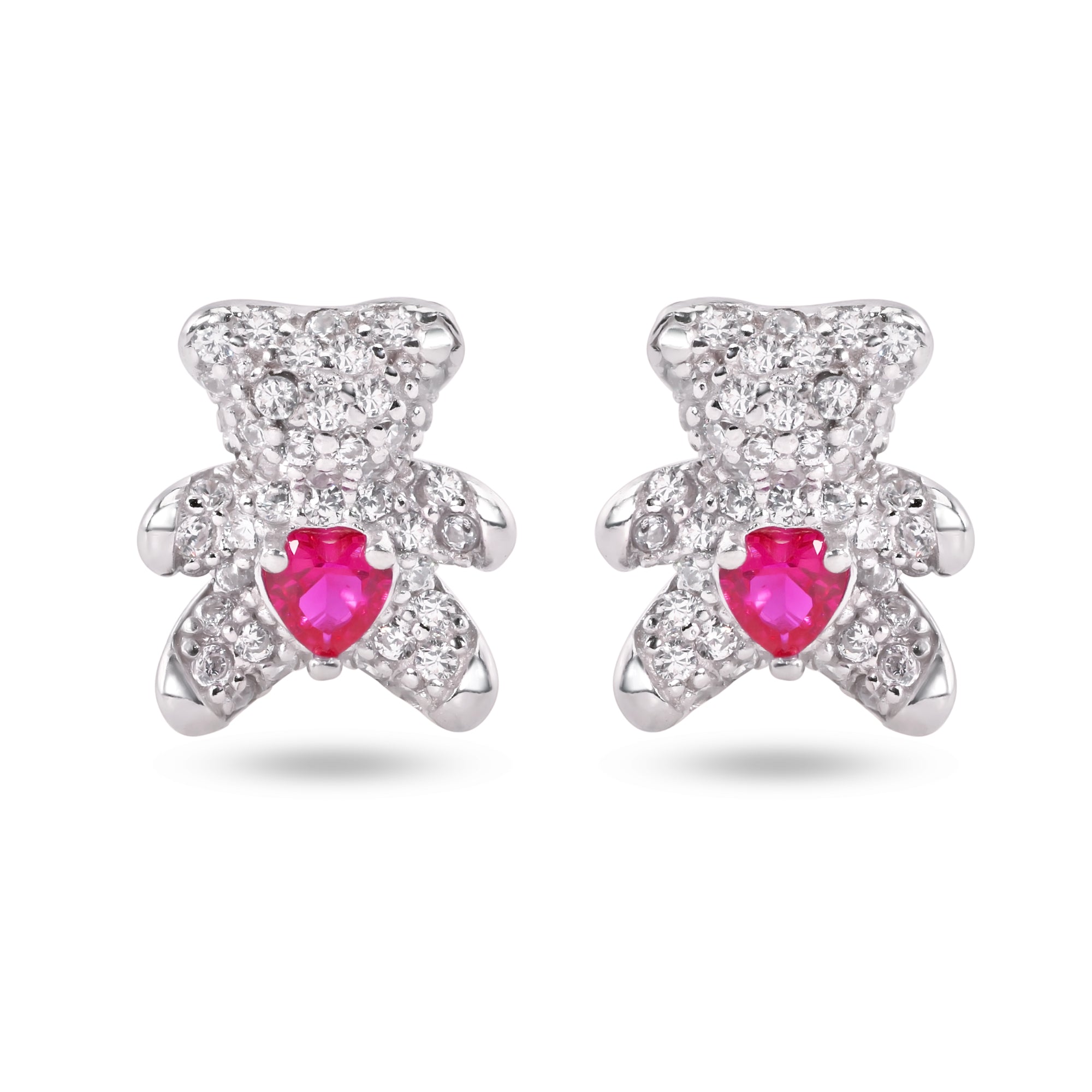 Sterling Silver Rhodium Plated Bear Heart Clear and Red CZ Stud Earrings - STE01377