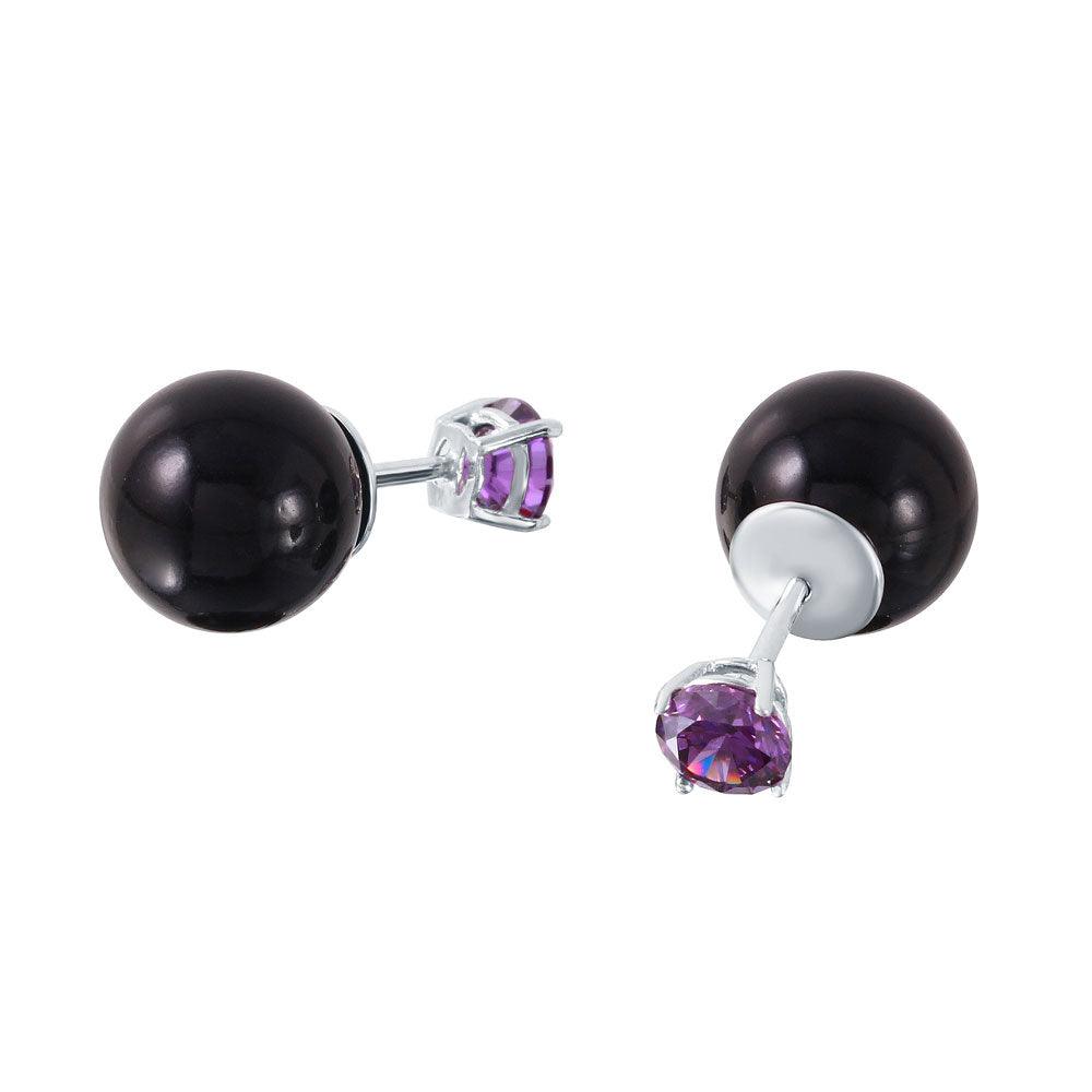 Rhodium Plated 925 Sterling Silver Purple CZ Black Synthetic Pearl Front and Back  Earrings - STE01000FEB