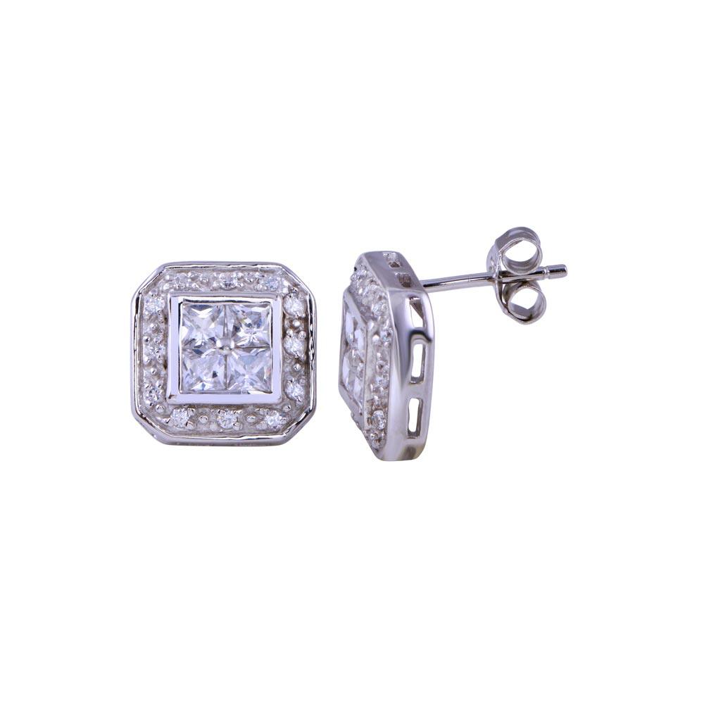 Final Price-Rhodium Plated 925 Sterling Silver Square Halo Clear CZ Stud Earring - STEM009