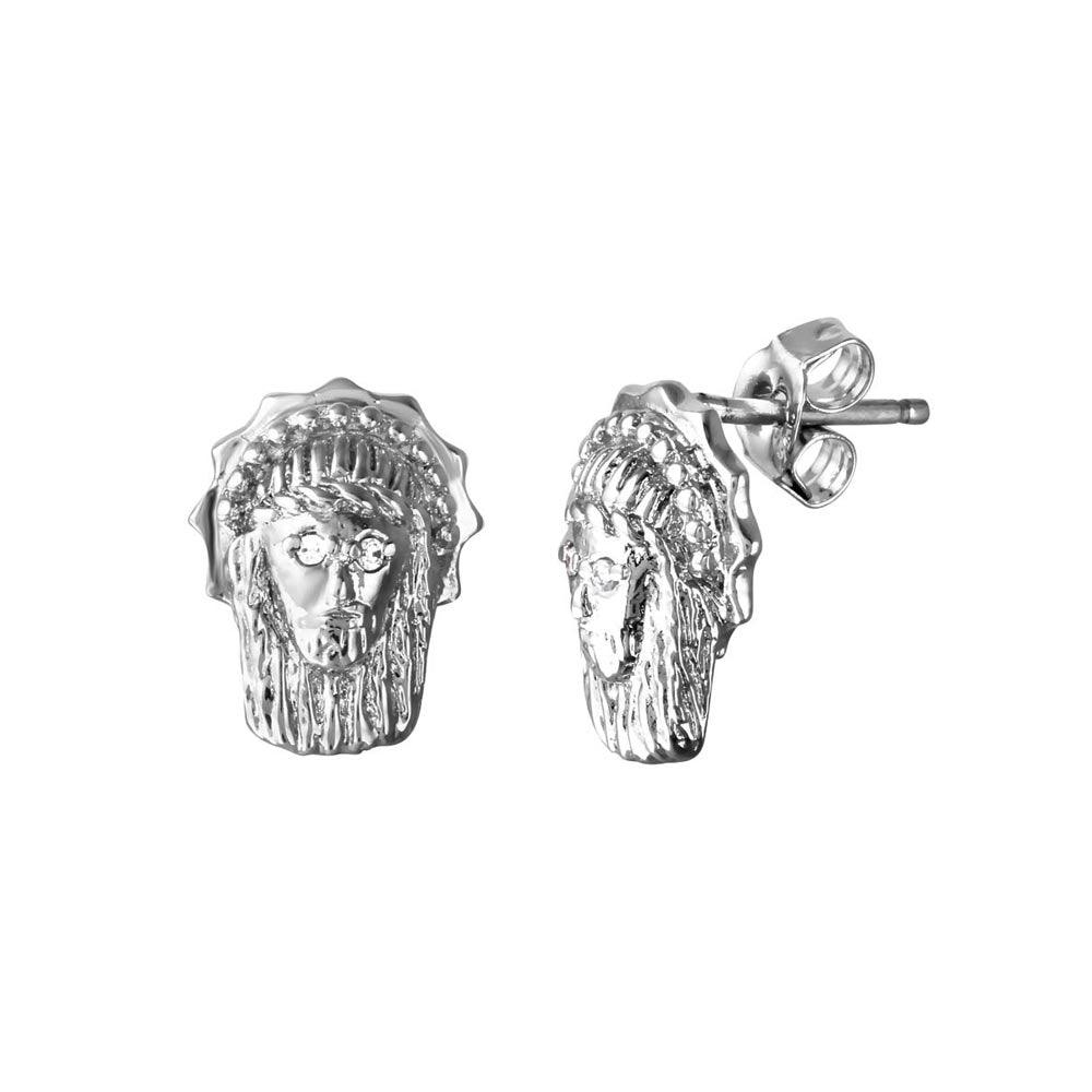 Final Price-Rhodium Plated 925 Sterling Silver Jesus Face Clear CZ Stud Earring - STEM017