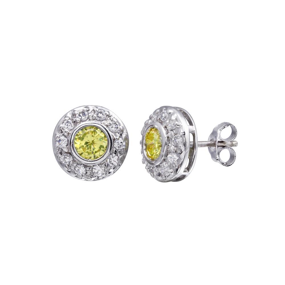 Final Price-Rhodium Plated 925 Sterling Silver Round Halo Yellow and Clear CZ Stud Earring - STEM057