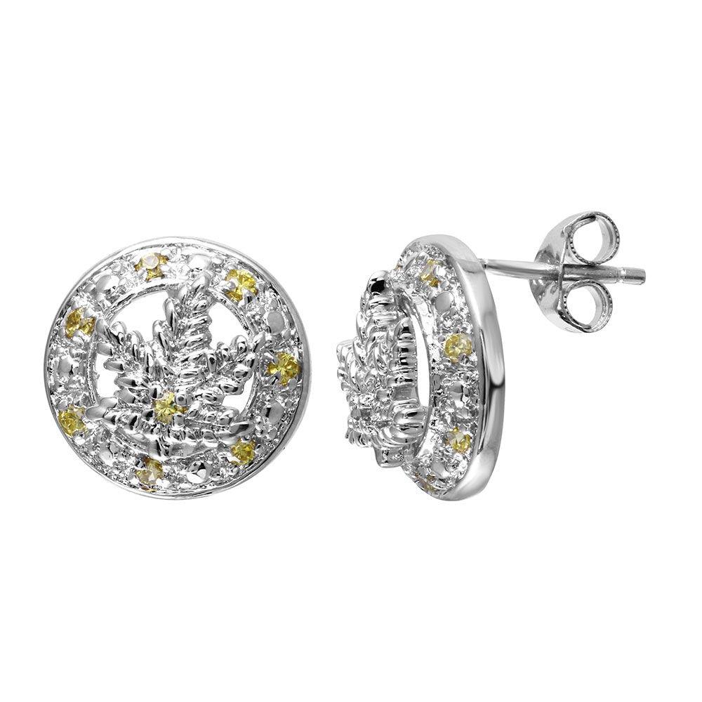 Final Price-Rhodium Plated 925 Sterling Silver Yellow CZ Marijuana Leaf Stud Earrings - STEM066YLW