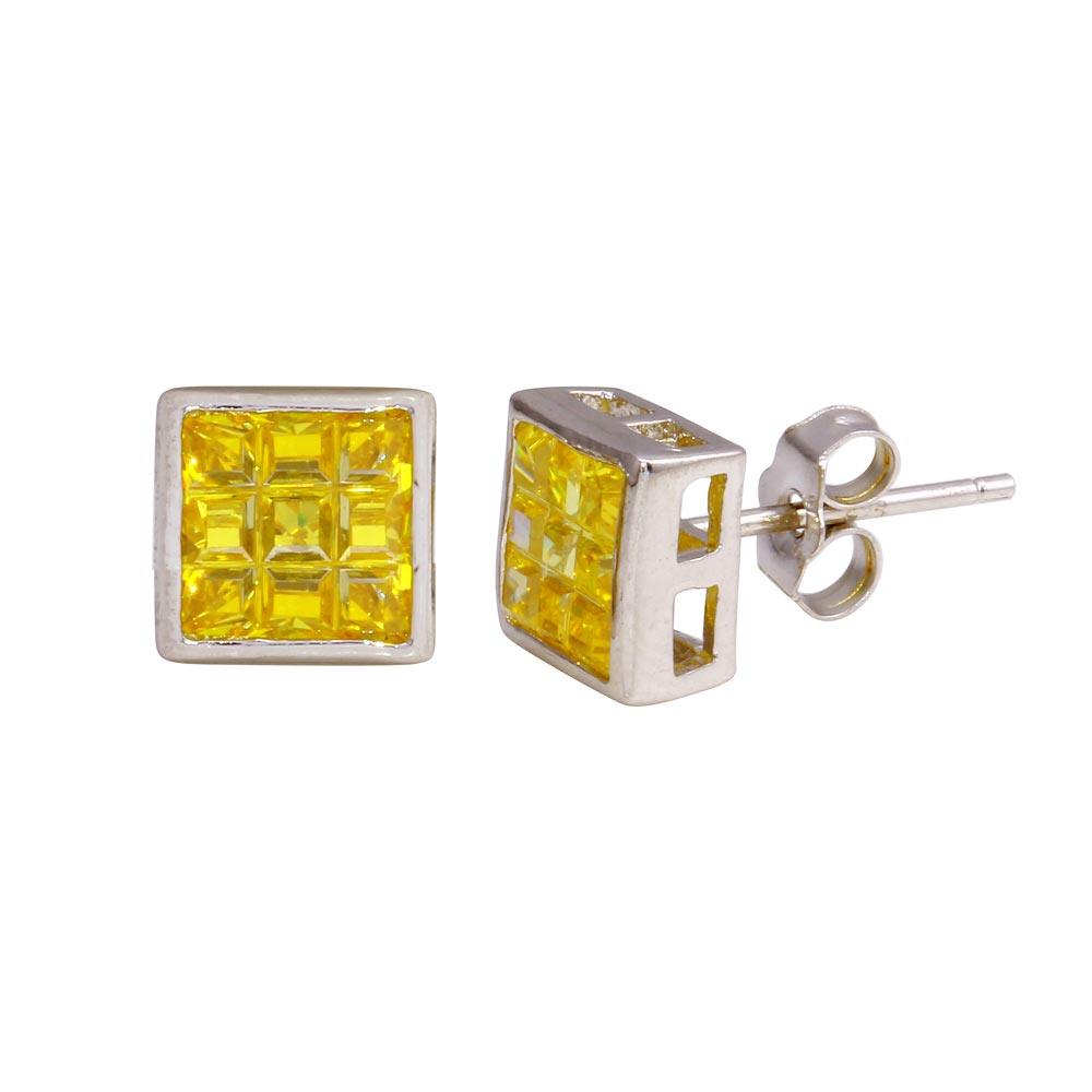 Final Price-Rhodium Plated 925 Sterling Silver Square DC Yellow CZ Stud Earring - STEM150-7MM