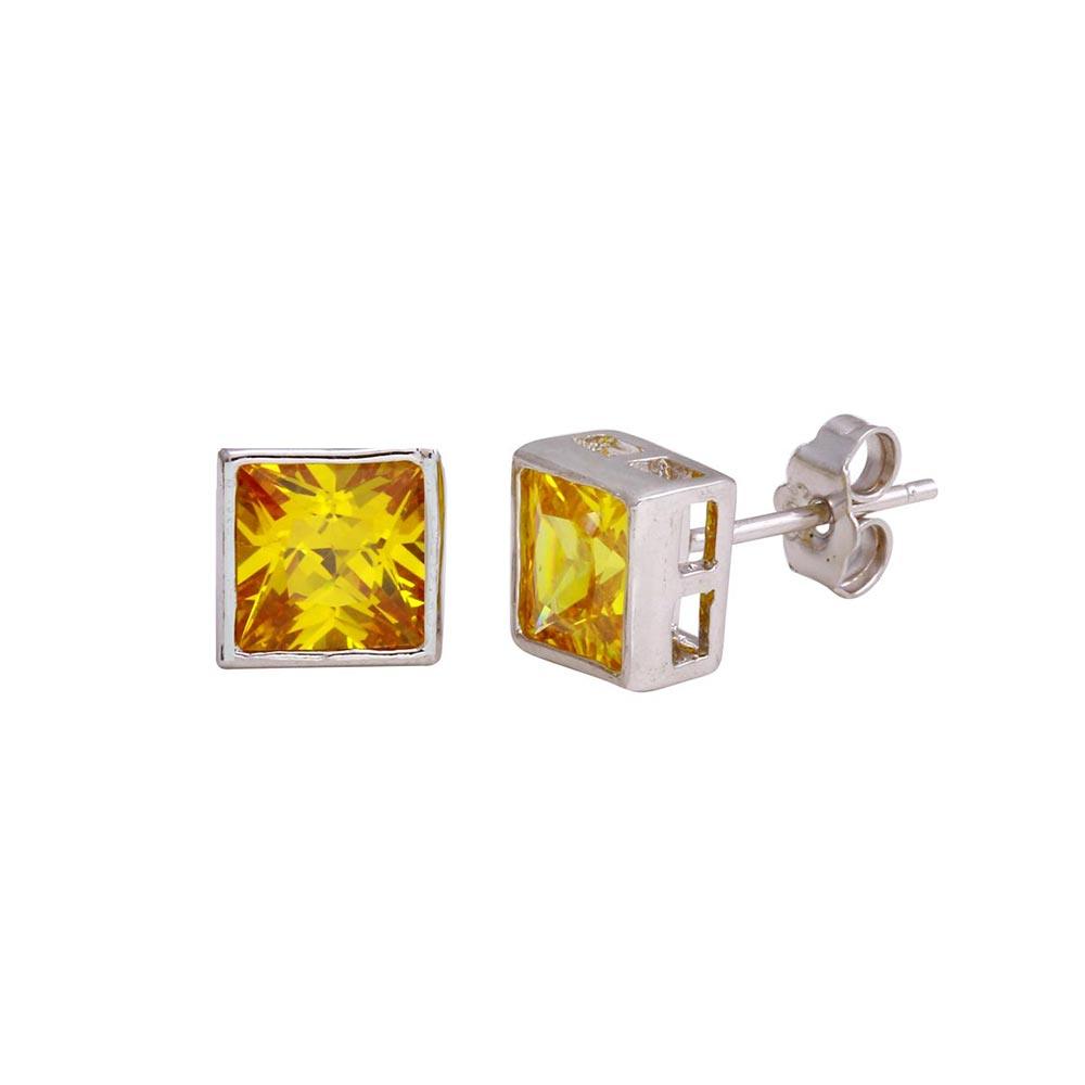 Final Price-Rhodium Plated 925 Sterling Silver Square Yellow CZ Stud Earring - STEM151-5MM