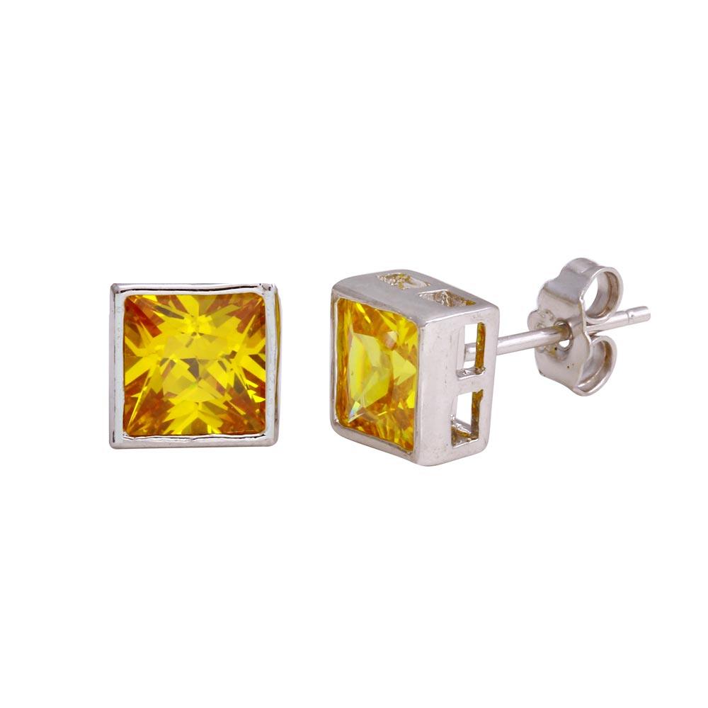 Final Price-Rhodium Plated 925 Sterling Silver Square Yellow CZ Stud Earring - STEM151-7MM