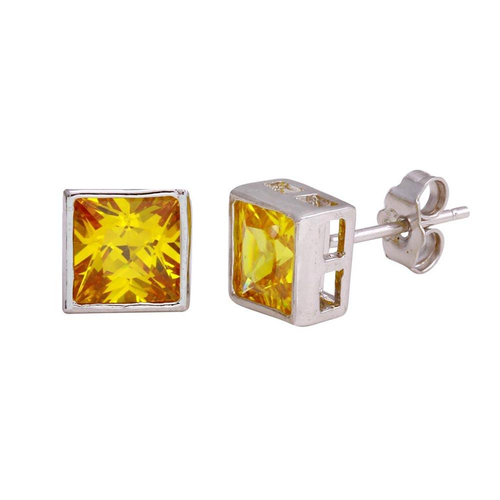 Final Price-Rhodium Plated 925 Sterling Silver Square Yellow CZ Stud Earring - STEM151-9MM