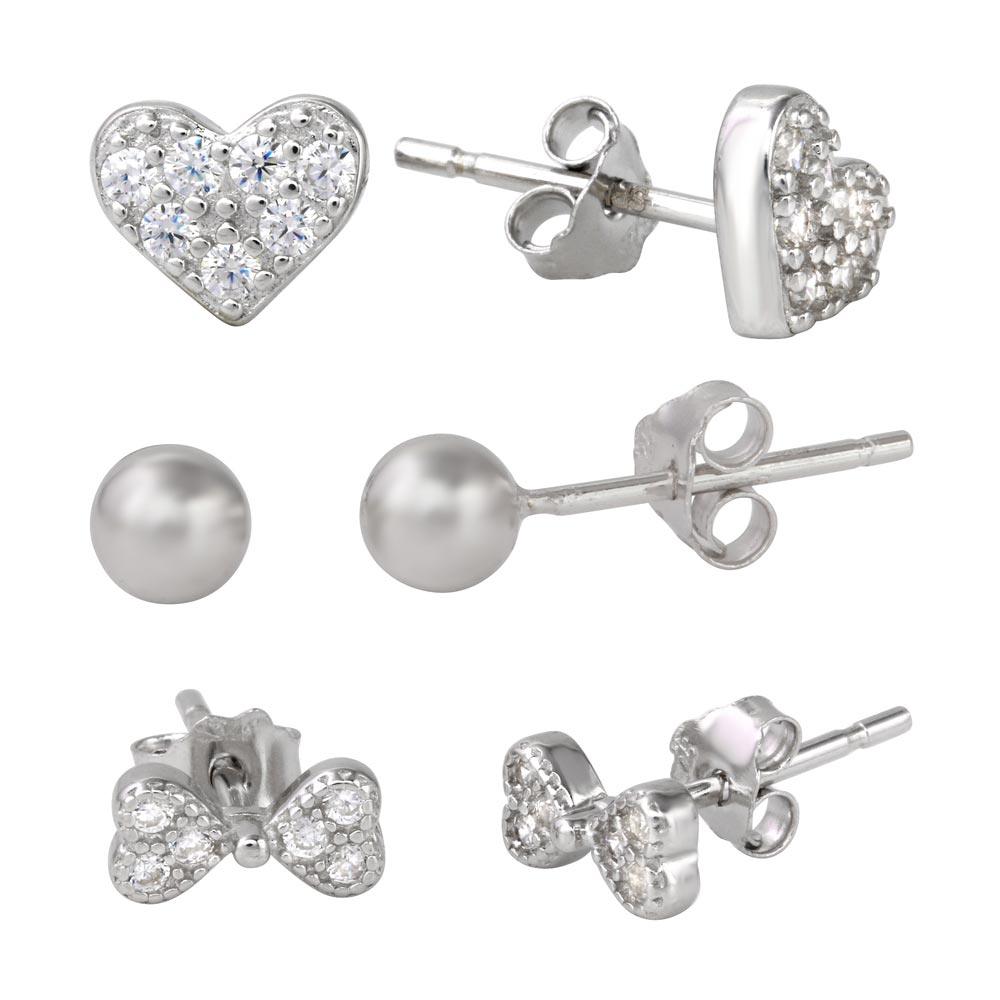 Rhodium Plated 925 Sterling Silver Plain Bead CZ Heart and CZ Bowtie Stud Set - STES00002