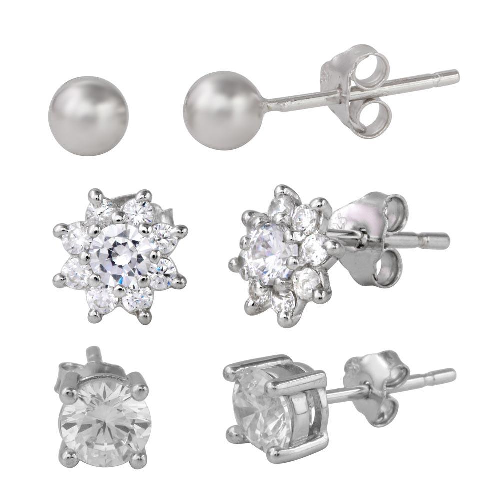 Rhodium Plated 925 Sterling Silver Plain Bead Round Stud and CZ Flower Stud Set - STES00004