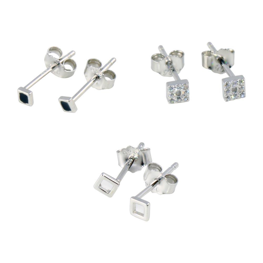 Rhodium Plated 925 Sterling Silver Plain Square CZ Square and Square Black CZ Stud Set - STES00006