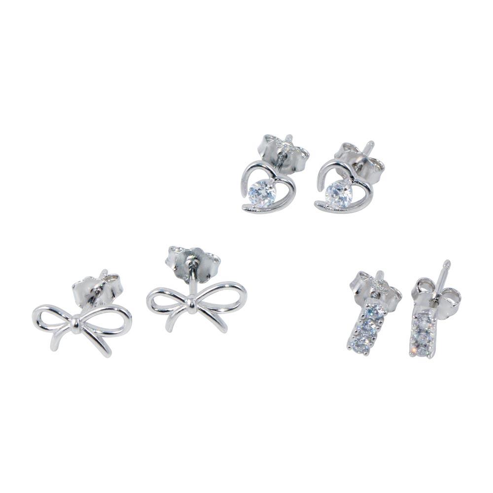 Rhodium Plated 925 Sterling Silver Heart Bow and Bar CZ  Earring Set - STES00010