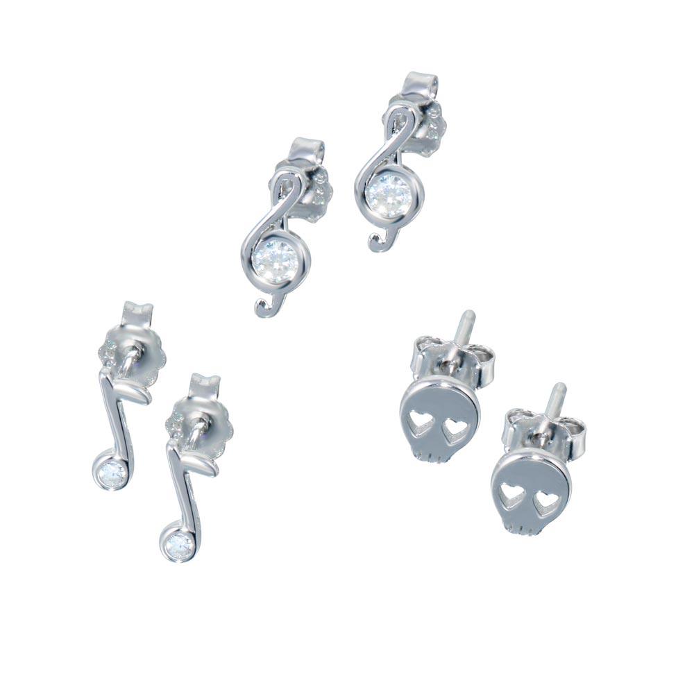 Rhodium Plated 925 Sterling Silver Musical Note Skull CZ  Earring Set - STES00011